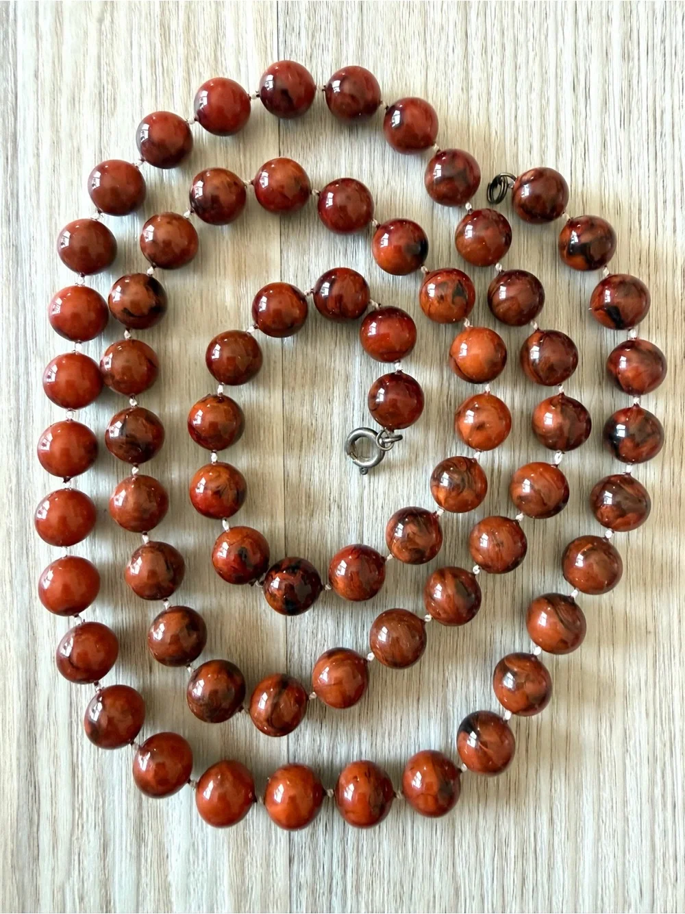 Vintage Brown Marbled Bead Necklace Knotted Faux Mahogany Obsidian Mid Century